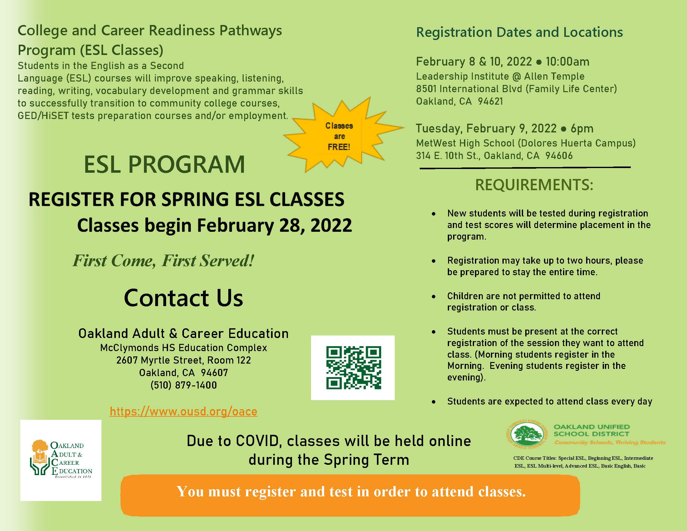 OACE Registrations at MetWest High School and Allen Temple February 8-10 -  Northern Alameda Adult Education Collective